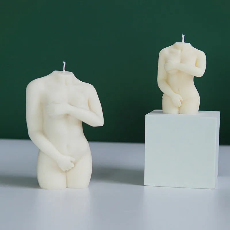 Shy female body silicone candle mould set showing three different poses for adult candle making