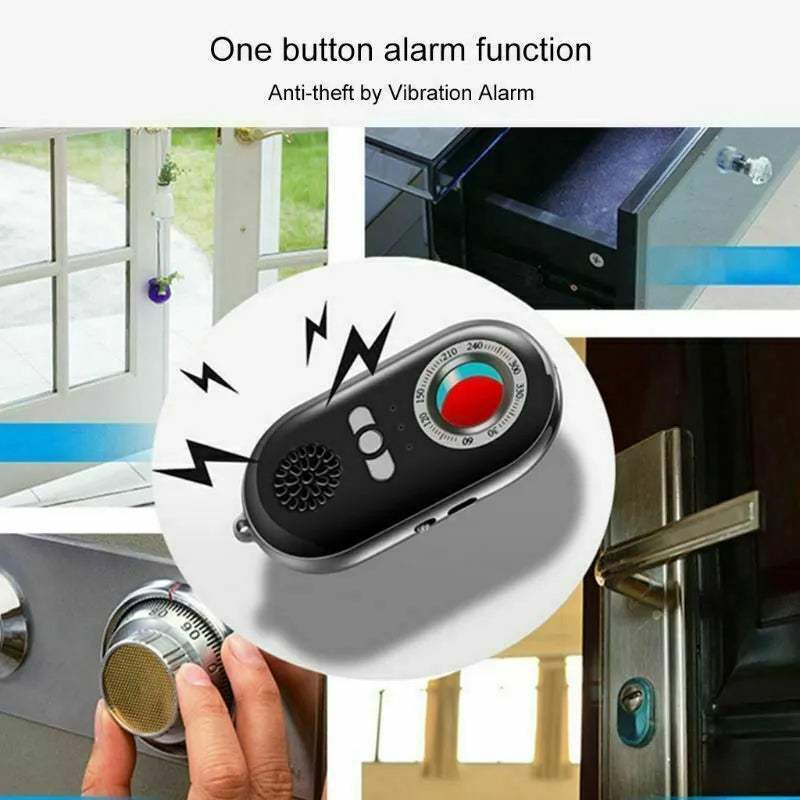Compact black wireless signal detector and anti-theft alarm with vibration sensor, shown next to a ruler for scale.
