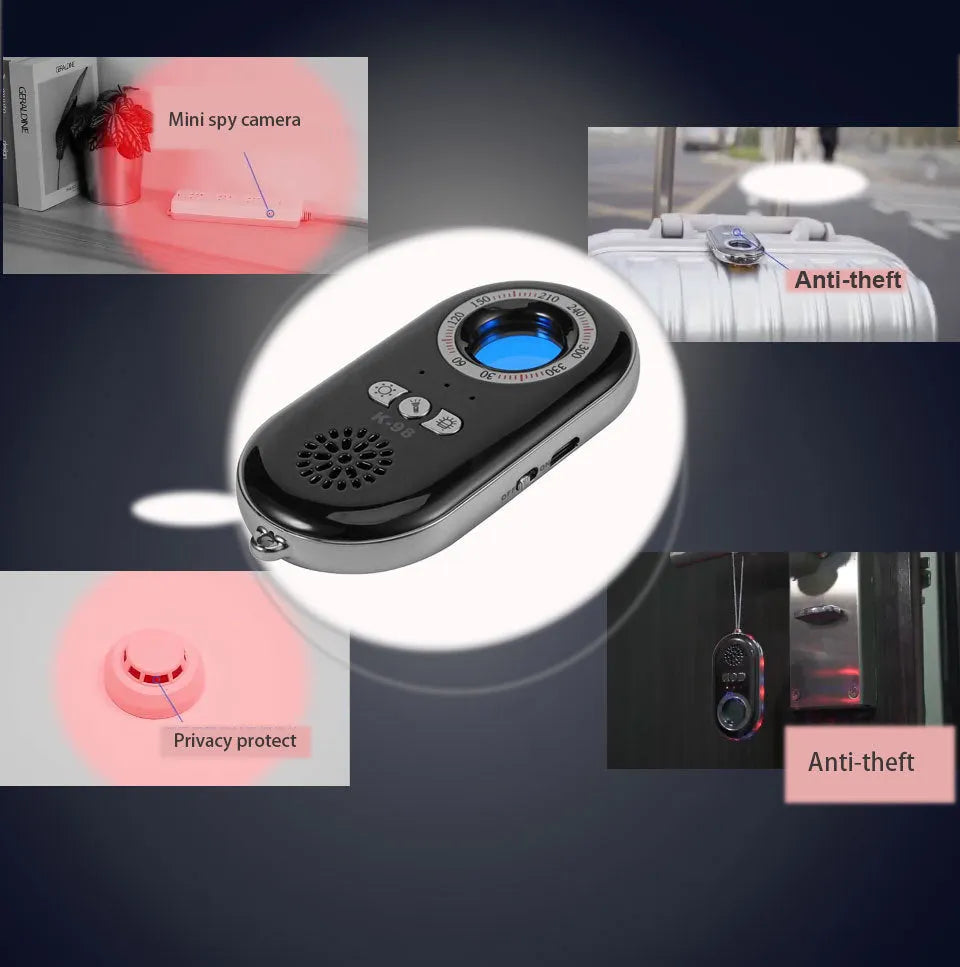Compact black wireless signal detector and anti-theft alarm with vibration sensor, shown next to a ruler for scale.