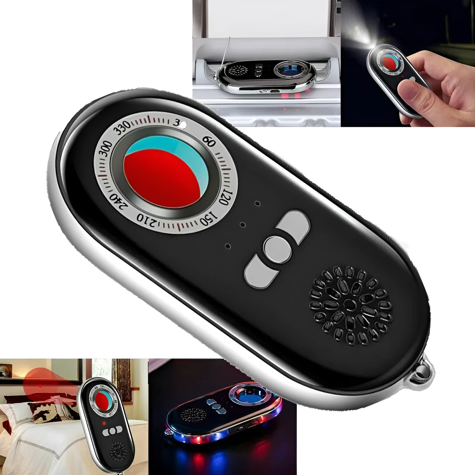 Compact black wireless signal detector and anti-theft alarm with vibration sensor, shown next to a ruler for scale.