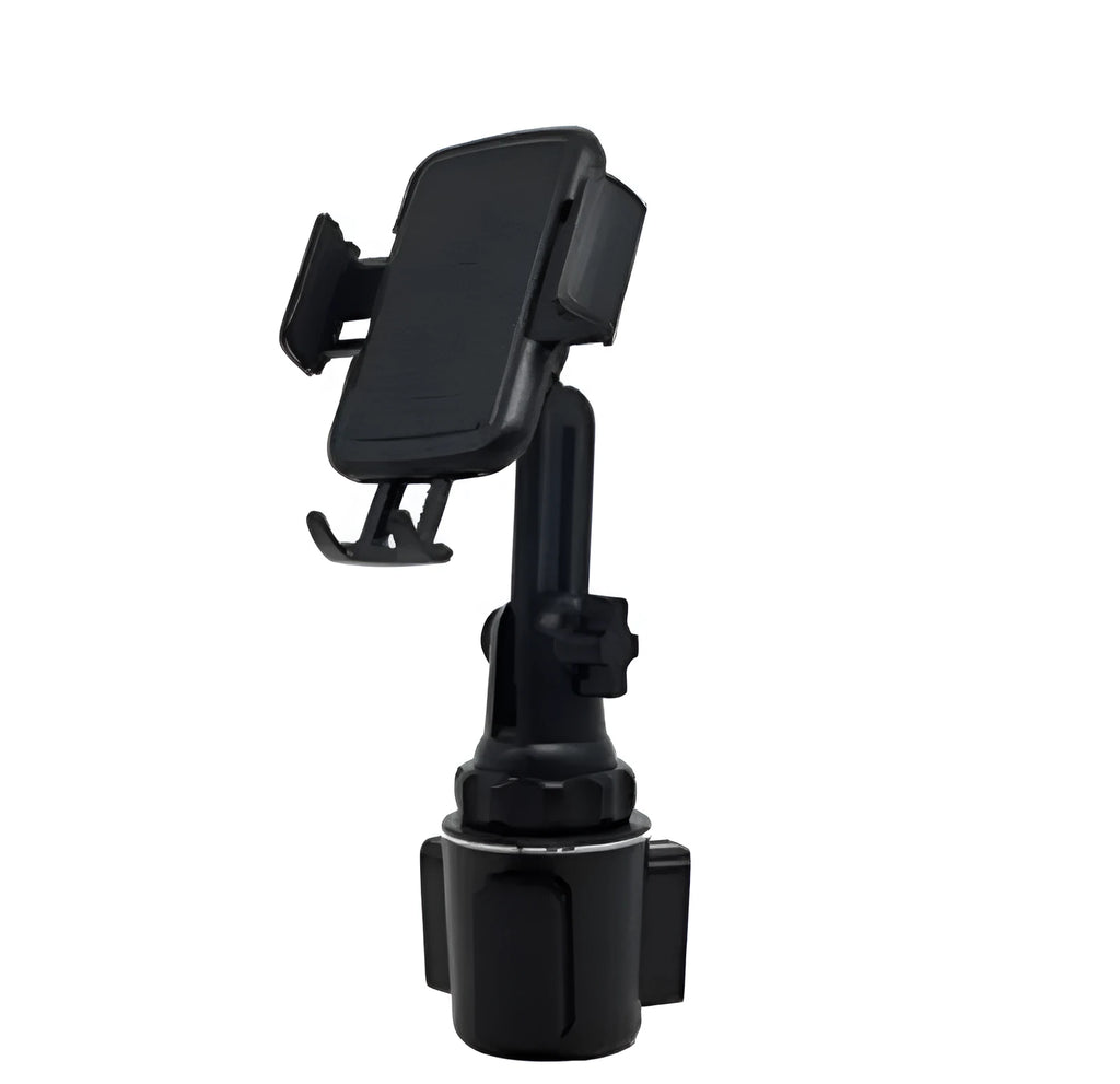 Black ABS car phone holder with adjustable arm and foam contact surfaces for mobile phone protection