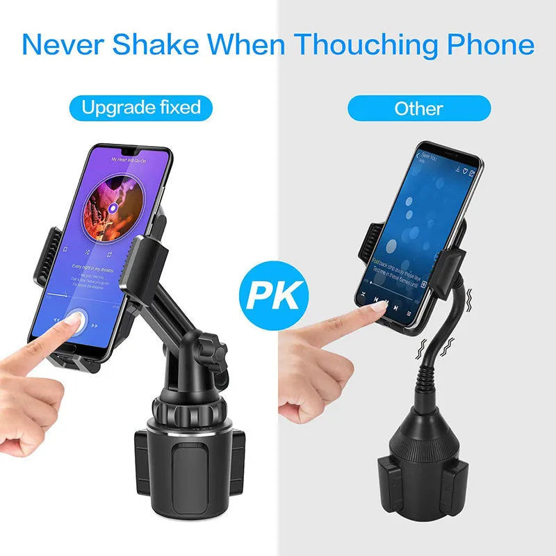 Black ABS car phone holder with adjustable arm and foam contact surfaces for mobile phone protection
