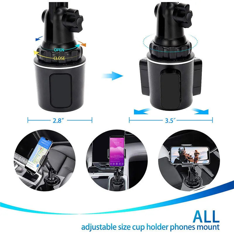 Black ABS car phone holder with adjustable arm and foam contact surfaces for mobile phone protection