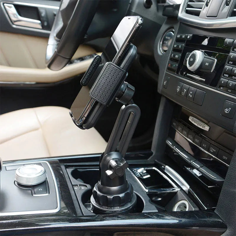 Black ABS car phone holder with adjustable arm and foam contact surfaces for mobile phone protection