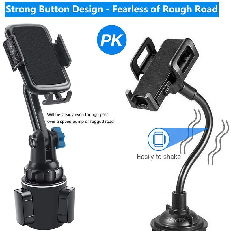 Black ABS car phone holder with adjustable arm and foam contact surfaces for mobile phone protection