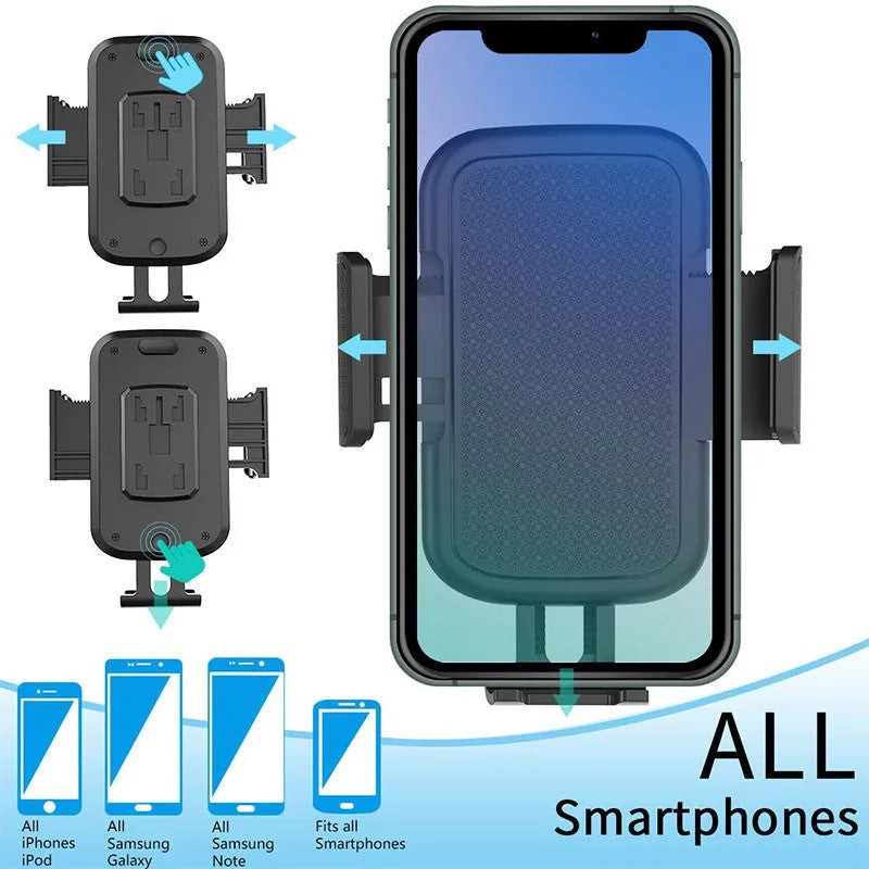 Black ABS car phone holder with adjustable arm and foam contact surfaces for mobile phone protection