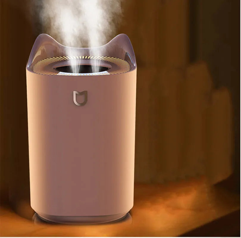 Coral Pink double spray humidifier with three mist outlets and USB cable