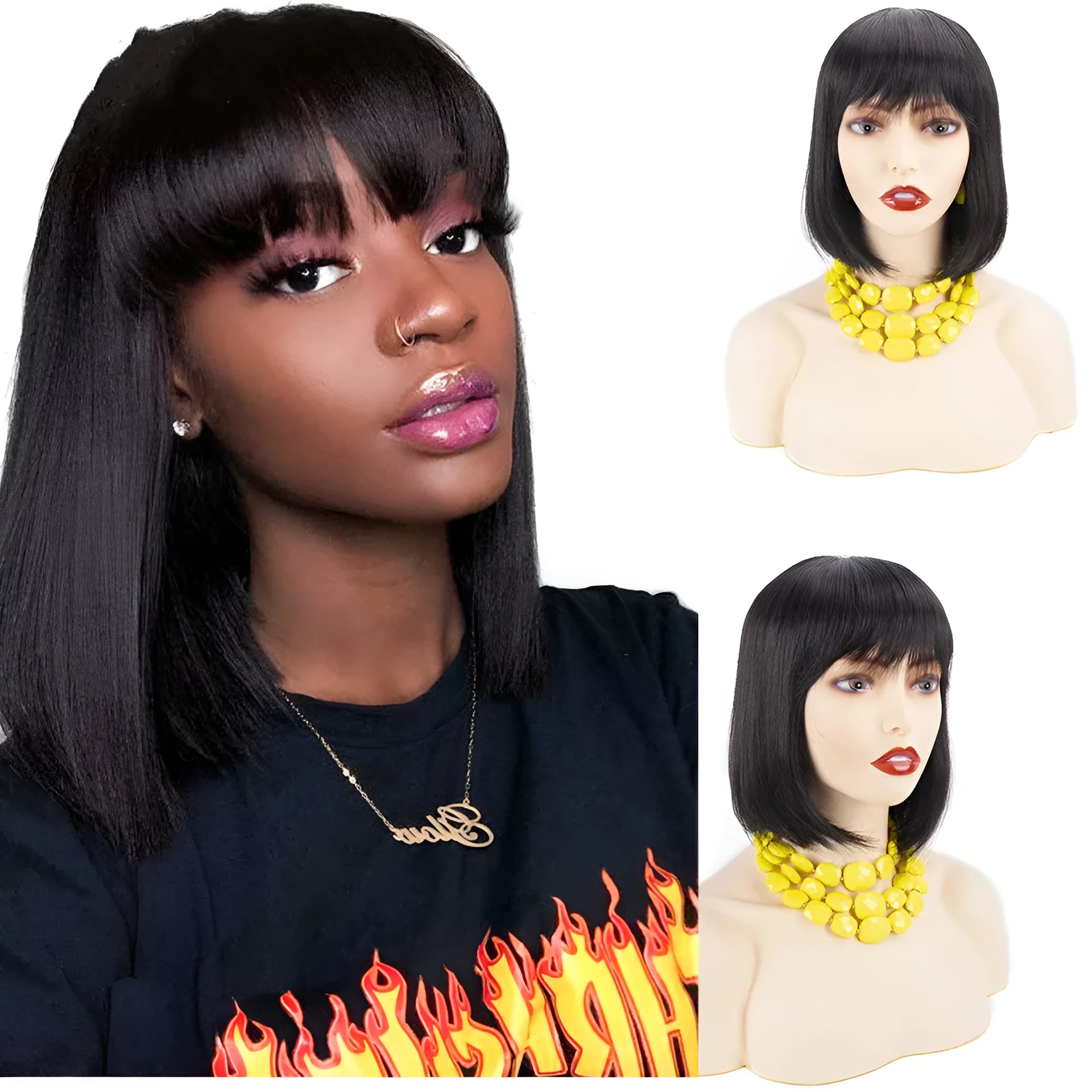 Women's hand-cranked real hair wavy wig natural colour medium length with mechanical rotating wave design