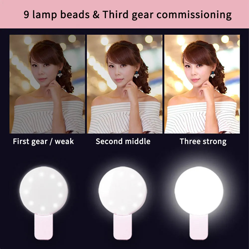 Mini fill light for mobile phone selfie in white, clip-on design with LED panel