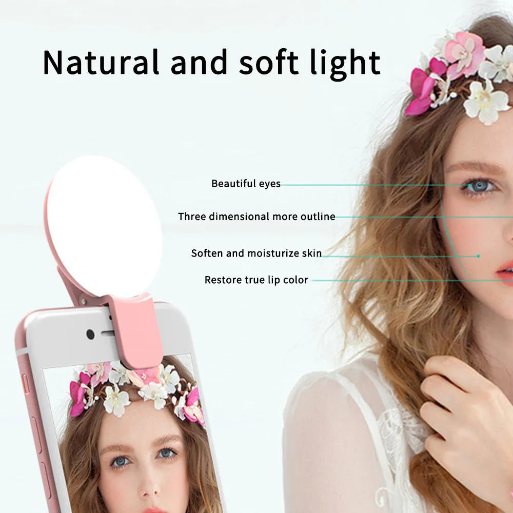 Mini fill light for mobile phone selfie in white, clip-on design with LED panel