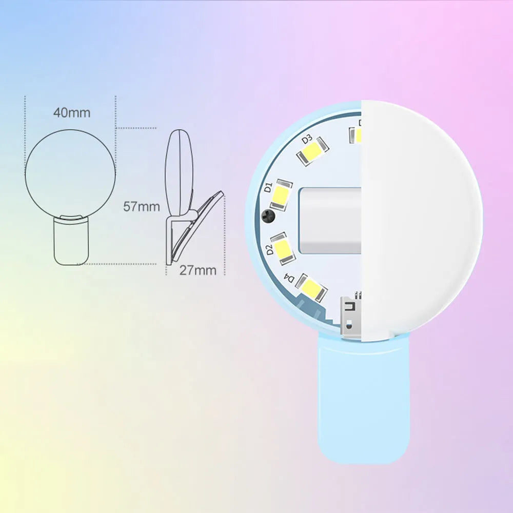 Mini fill light for mobile phone selfie in white, clip-on design with LED panel
