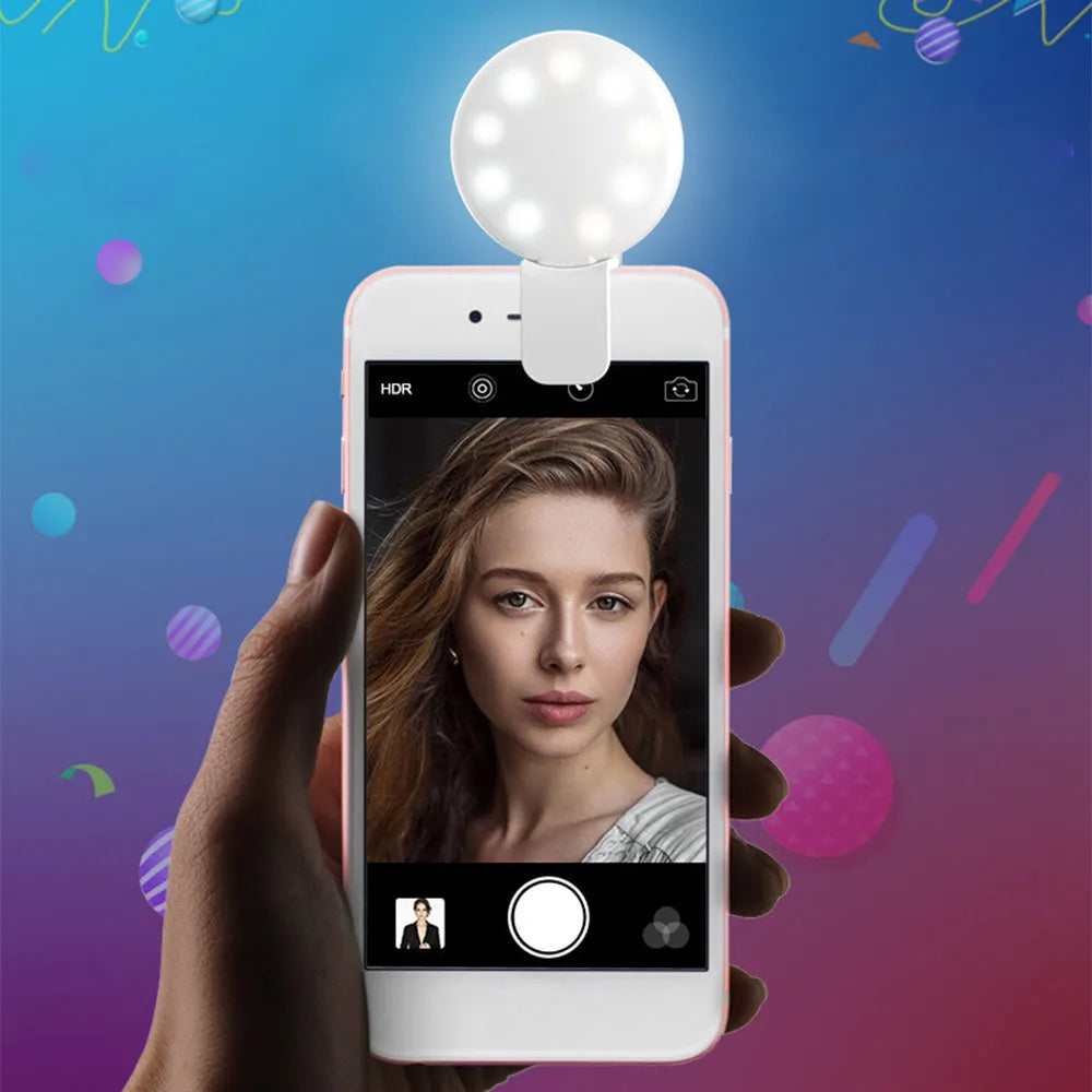 Mini fill light for mobile phone selfie in white, clip-on design with LED panel