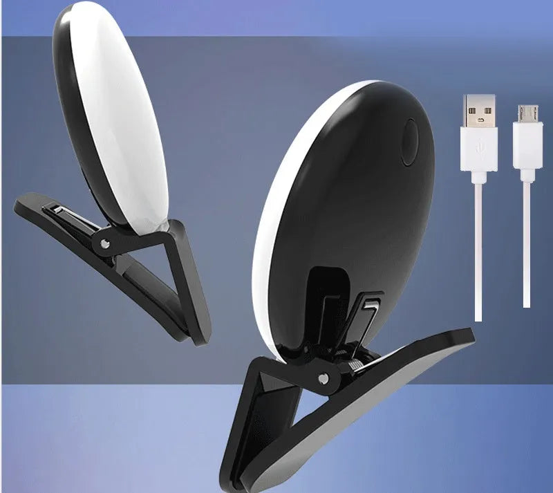Mini fill light for mobile phone selfie in white, clip-on design with LED panel