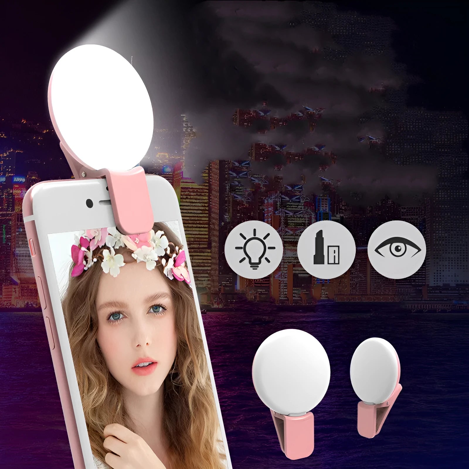 Mini fill light for mobile phone selfie in white, clip-on design with LED panel