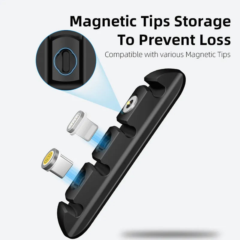 Black soft plastic desktop magnetic cable organiser showing charging base stand design