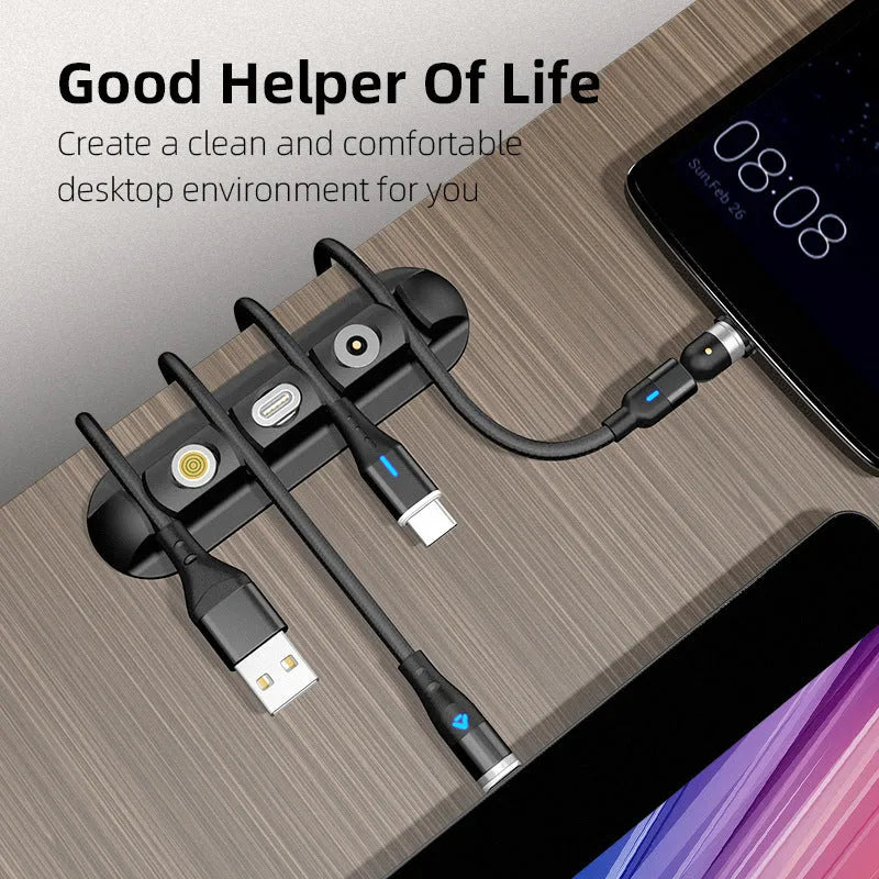 Black soft plastic desktop magnetic cable organiser showing charging base stand design