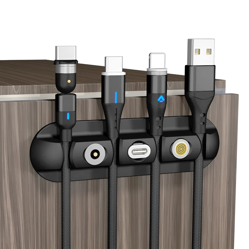 Black soft plastic desktop magnetic cable organiser showing charging base stand design
