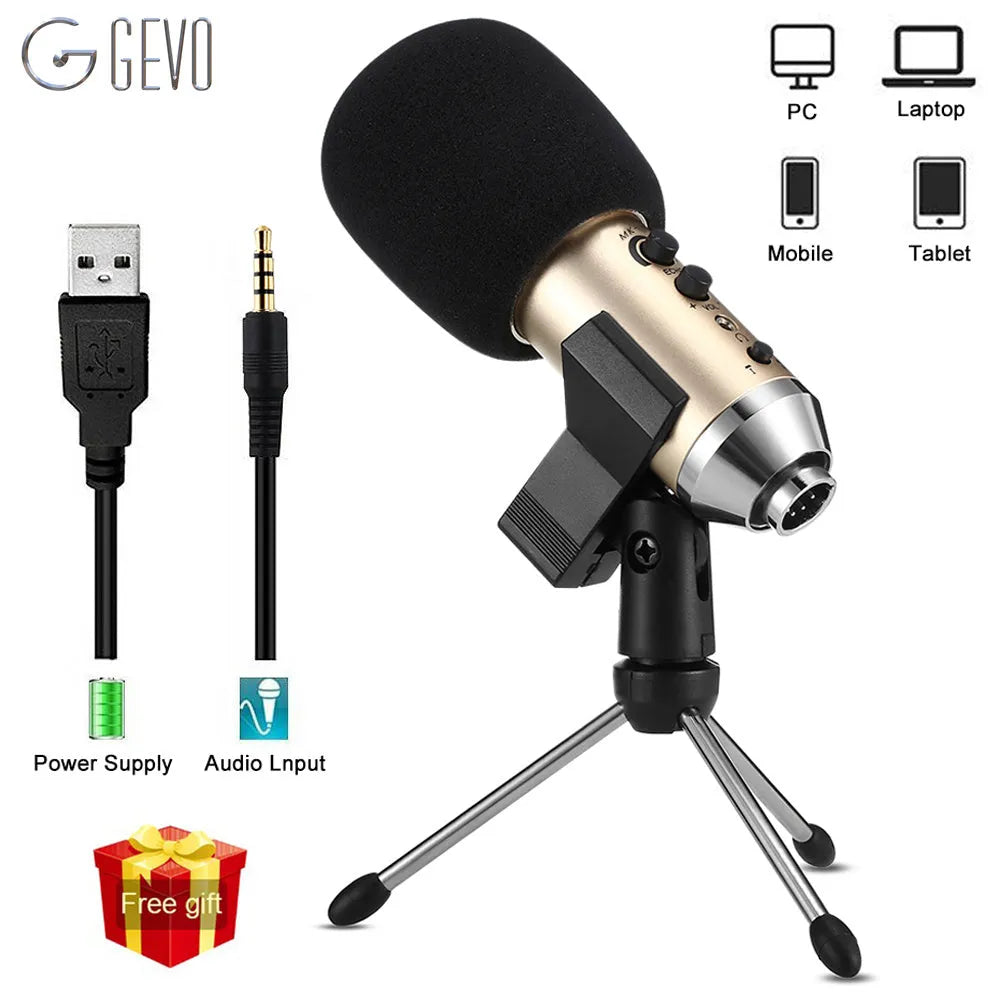 Gold USB condenser microphone with desk stand for mobile phone and computer recording