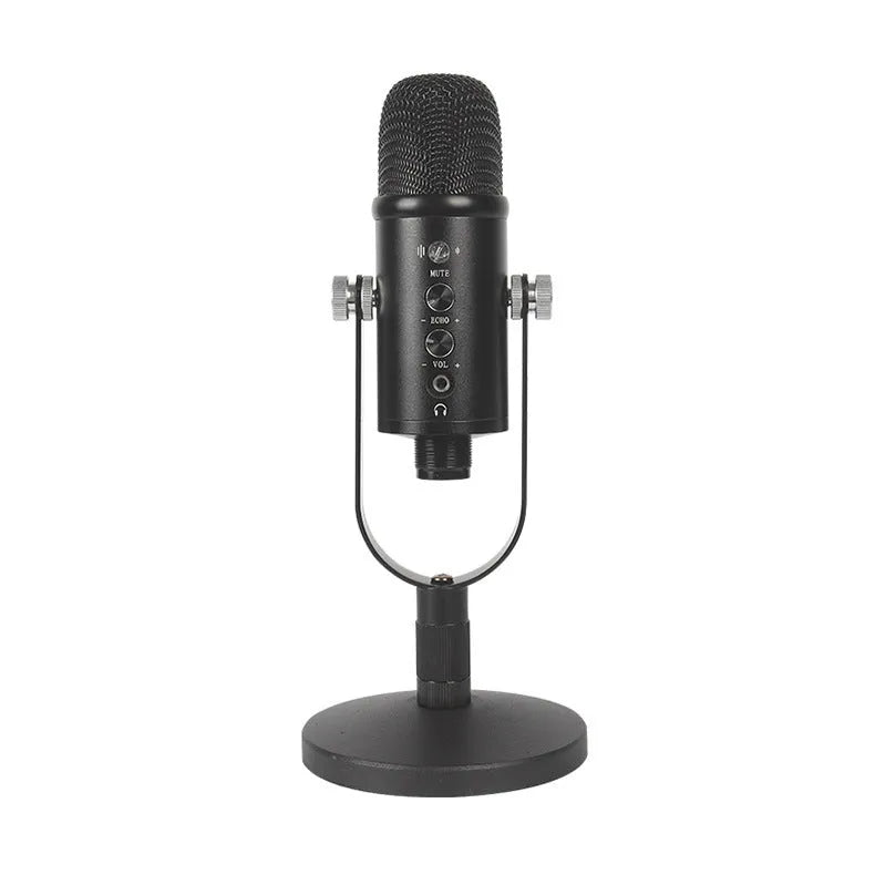 Black USB condenser microphone on metal stand with sponge cover for desktop recording