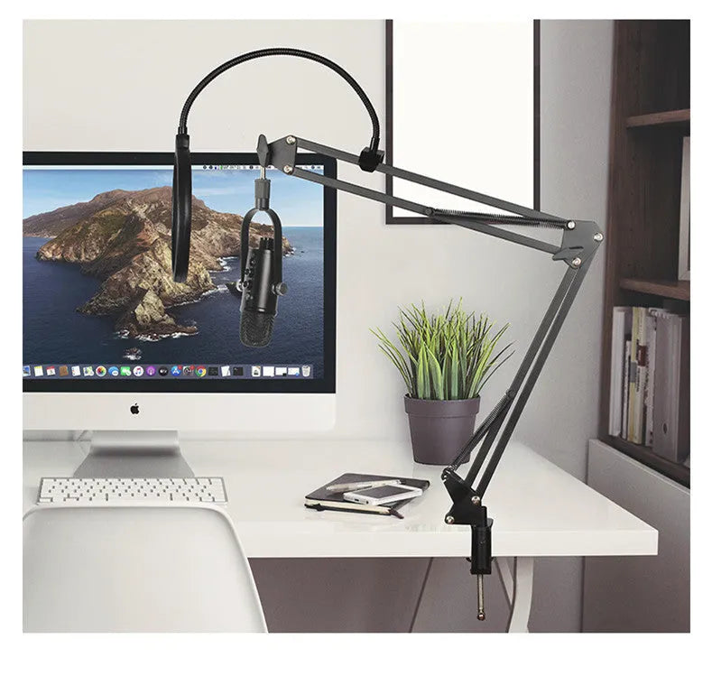 Black USB condenser microphone on metal stand with sponge cover for desktop recording