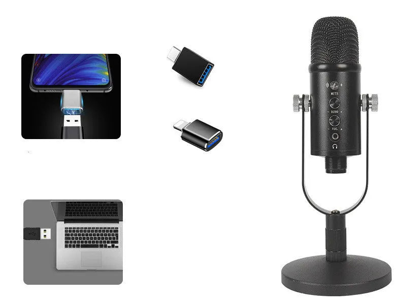 Black USB condenser microphone on metal stand with sponge cover for desktop recording