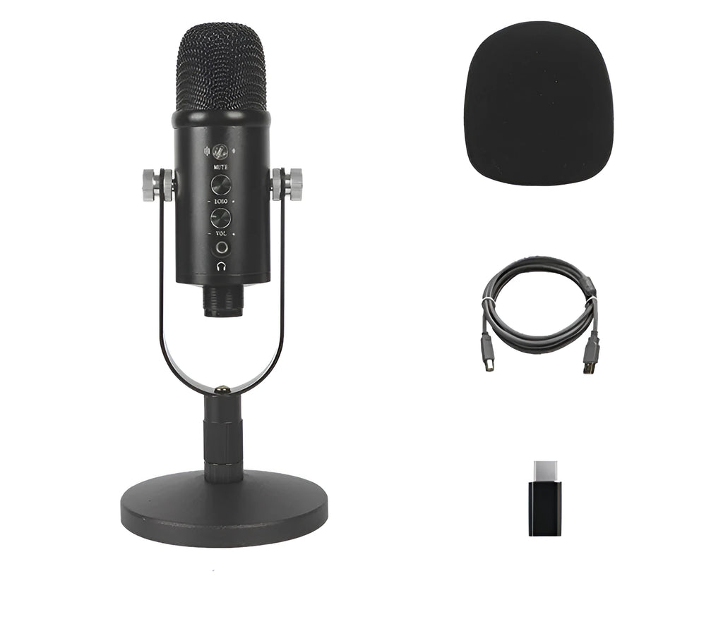 Black USB condenser microphone on metal stand with sponge cover for desktop recording
