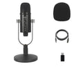 Black USB condenser microphone on metal stand with sponge cover for desktop recording