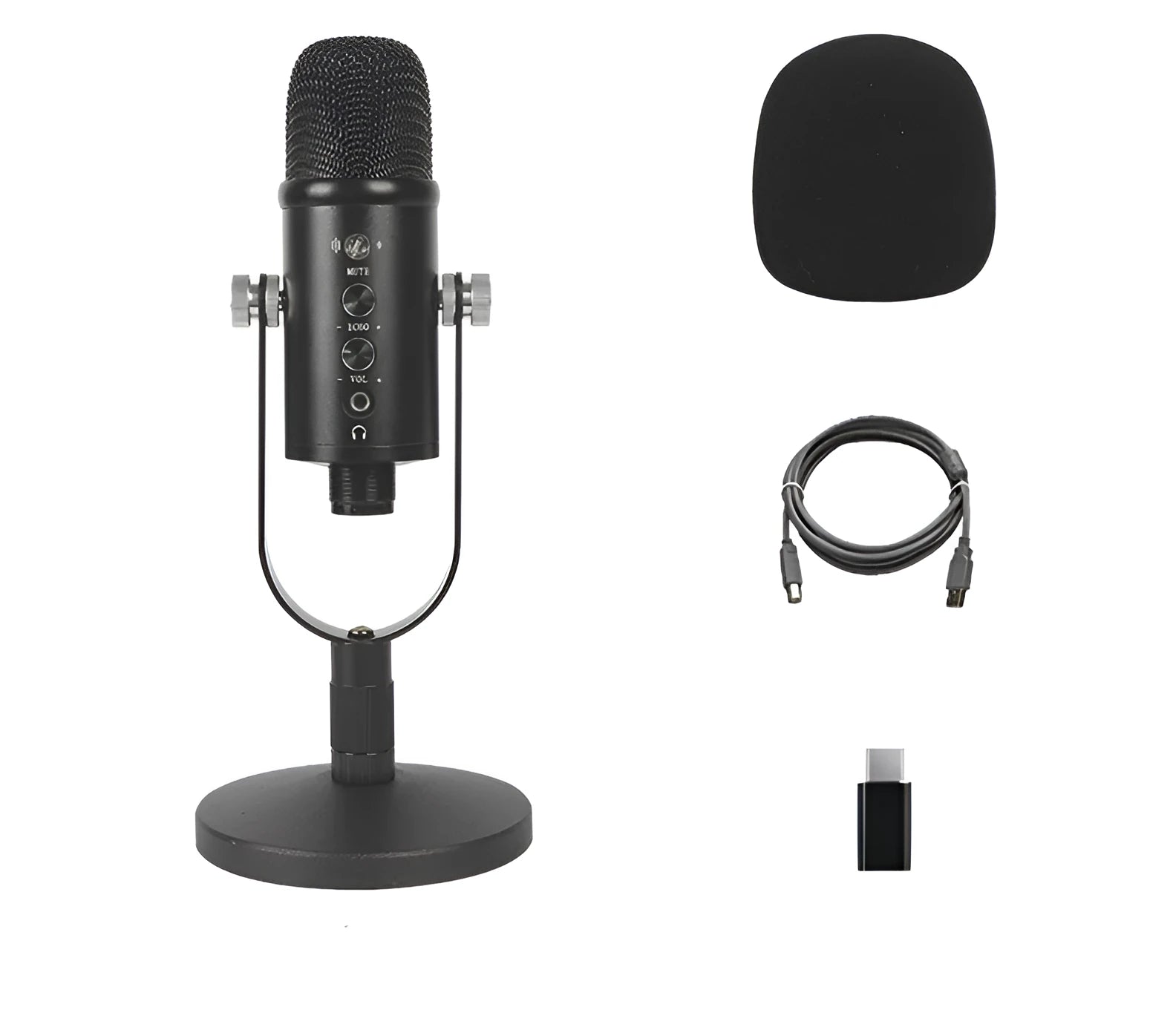 Black USB condenser microphone on metal stand with sponge cover for desktop recording