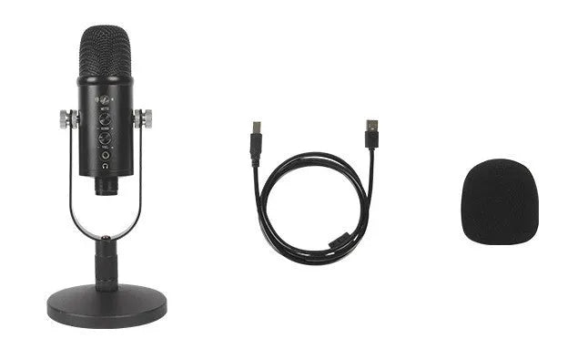 Black USB condenser microphone on metal stand with sponge cover for desktop recording