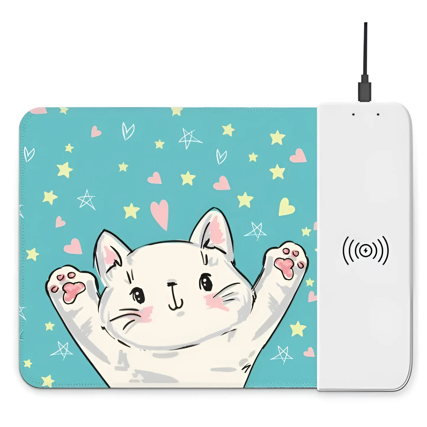 Colourful cartoon wireless charging mouse pad with RGB lighting, 298x215mm size