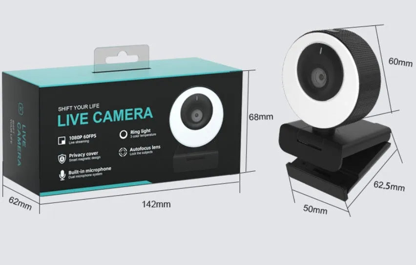 Black USB webcam with privacy cover on a 1.7 metre cable for 1080p HD video calls.