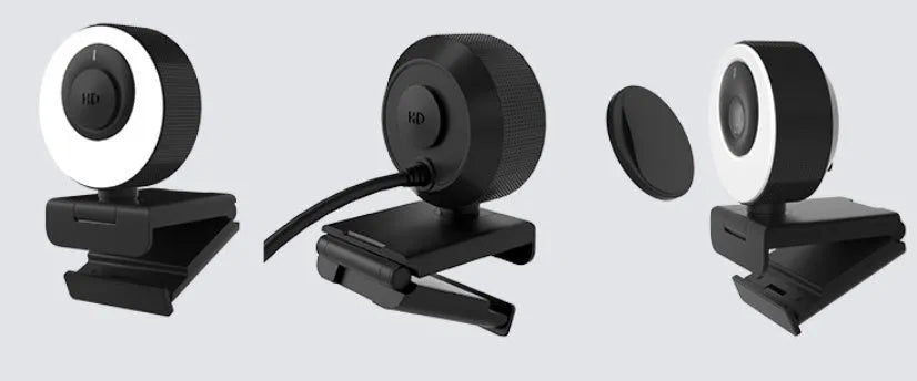 Black USB webcam with privacy cover on a 1.7 metre cable for 1080p HD video calls.