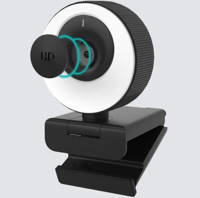 Black USB webcam with privacy cover on a 1.7 metre cable for 1080p HD video calls.