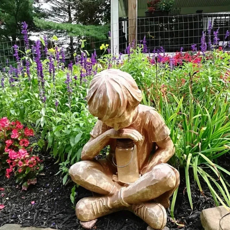 Brown natural resin little boy tabletop decoration figurine on shelf