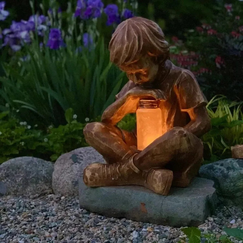 Brown natural resin little boy tabletop decoration figurine on shelf