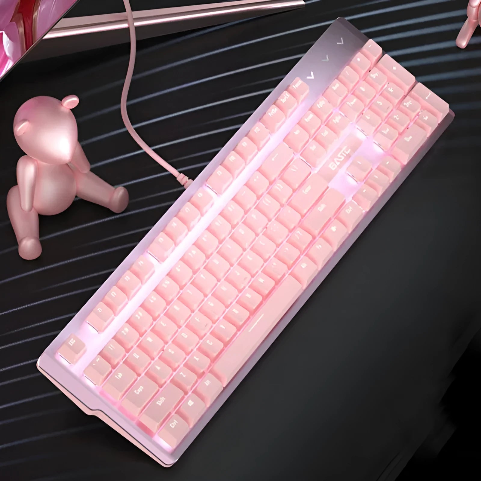 Pink wired mechanical keyboard and mouse set for PC gaming with green or red switch options
