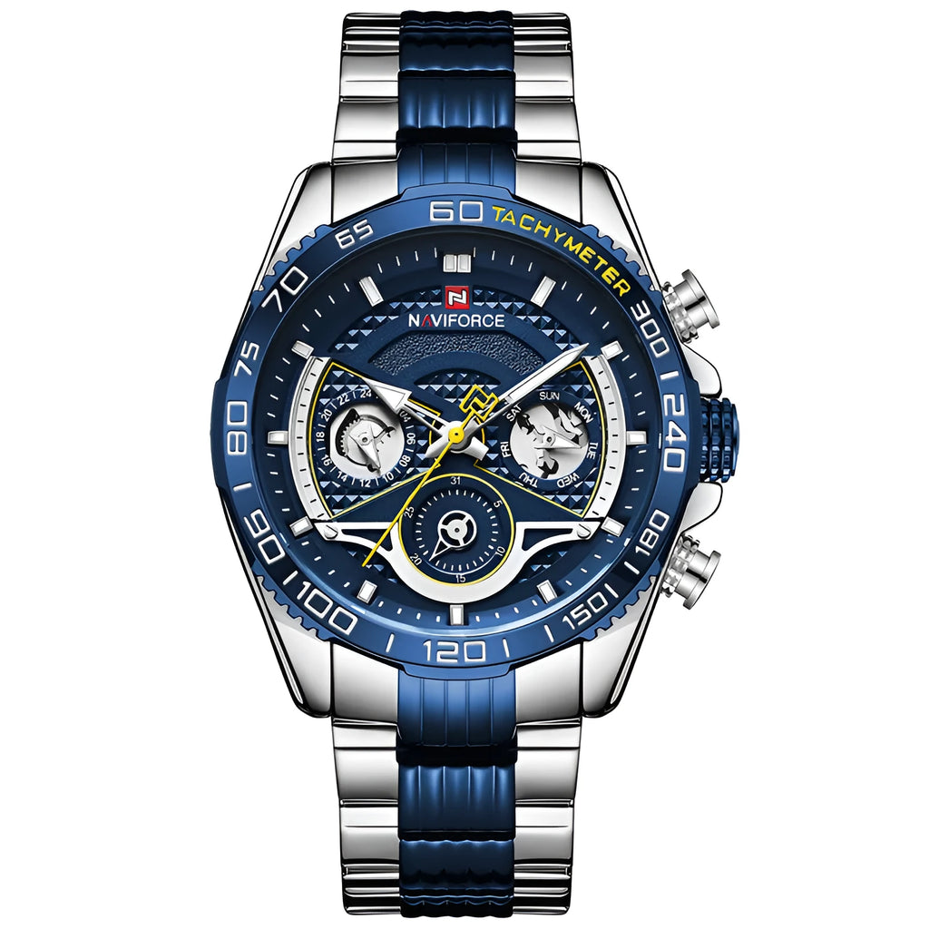 Lingxiang 9185 men's sports watch with stainless steel band, 45mm round alloy case, and calendar display on white background