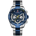 Lingxiang 9185 men's sports watch with stainless steel band, 45mm round alloy case, and calendar display on white background