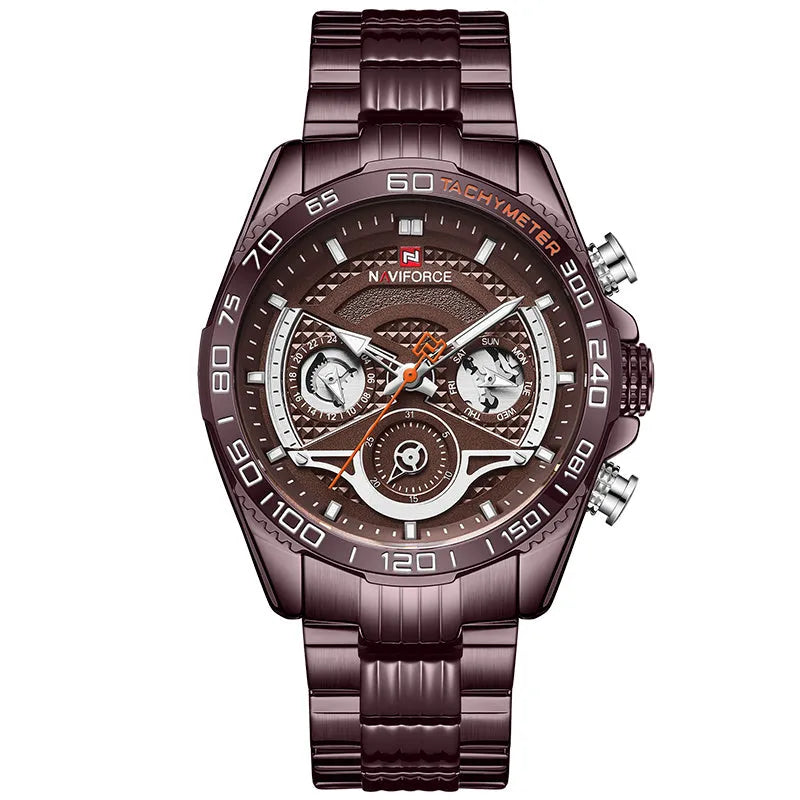 Lingxiang 9185 men's sports watch with stainless steel band, 45mm round alloy case, and calendar display on white background