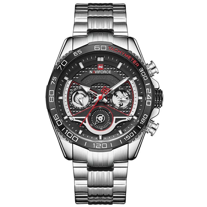 Lingxiang 9185 men's sports watch with stainless steel band, 45mm round alloy case, and calendar display on white background