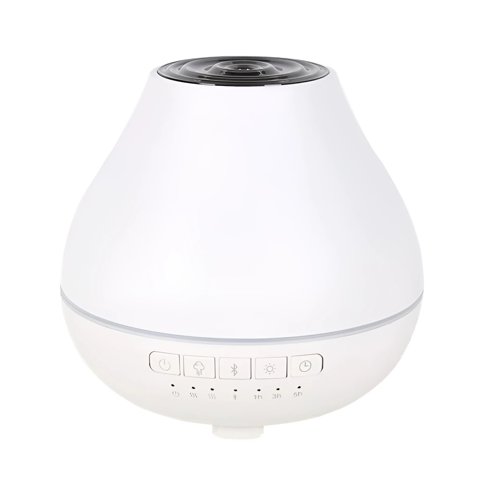 White circular Bluetooth humidifier and aroma diffuser with night light on a wooden surface.