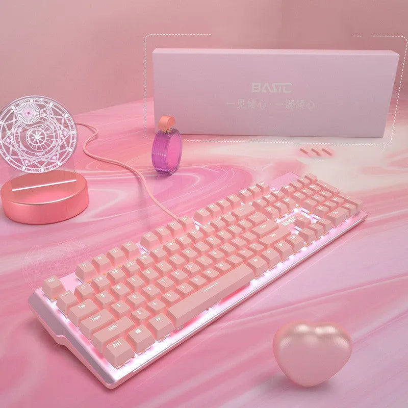Pink wired mechanical keyboard and mouse set for PC gaming with green or red switch options
