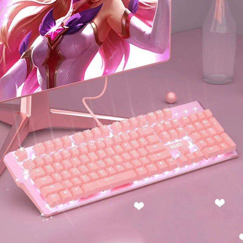Pink wired mechanical keyboard and mouse set for PC gaming with green or red switch options