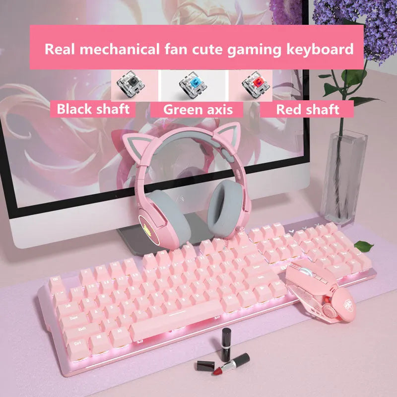 Pink wired mechanical keyboard and mouse set for PC gaming with green or red switch options