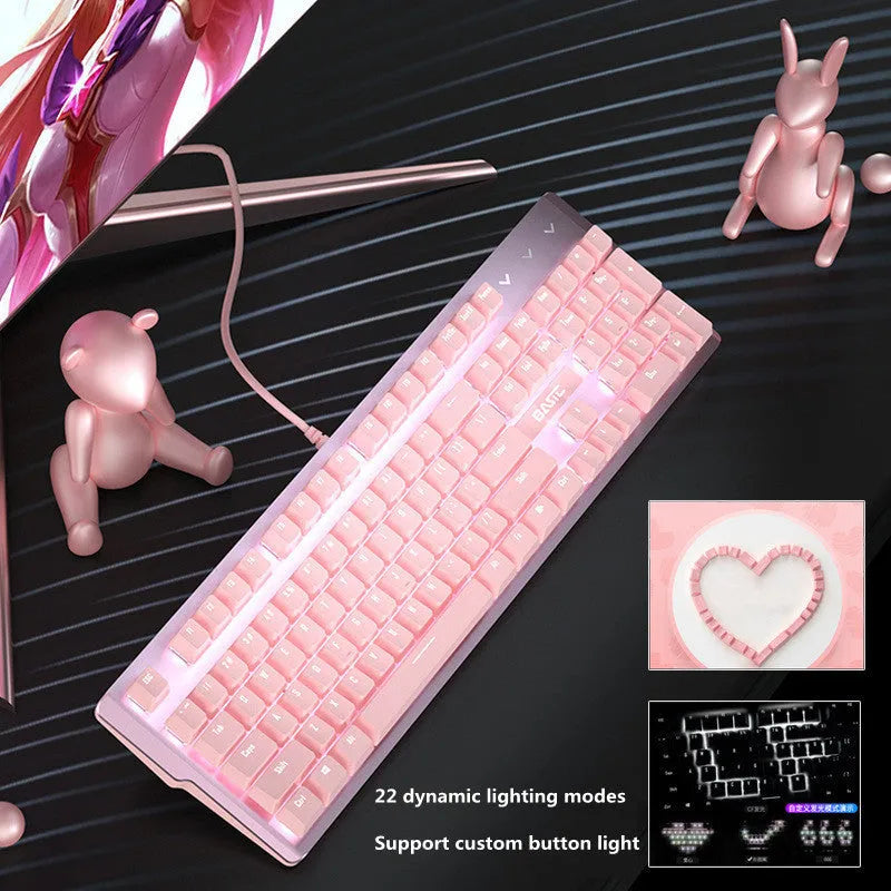 Pink wired mechanical keyboard and mouse set for PC gaming with green or red switch options