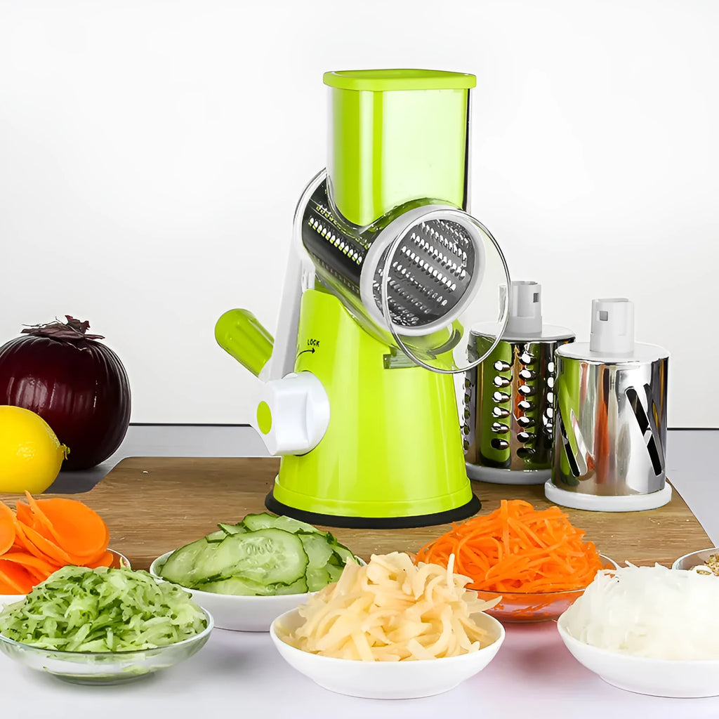 Blue multi-function vegetable chopper with suction cup base for slicing and shredding