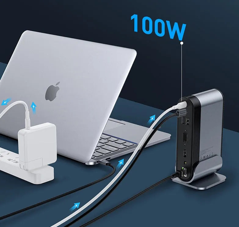 Deep space grey 16-in-1 USB-C docking station hub with multiple ports and external power supply on a desk.