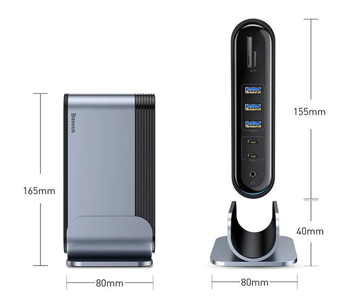Deep space grey 16-in-1 USB-C docking station hub with multiple ports and external power supply on a desk.