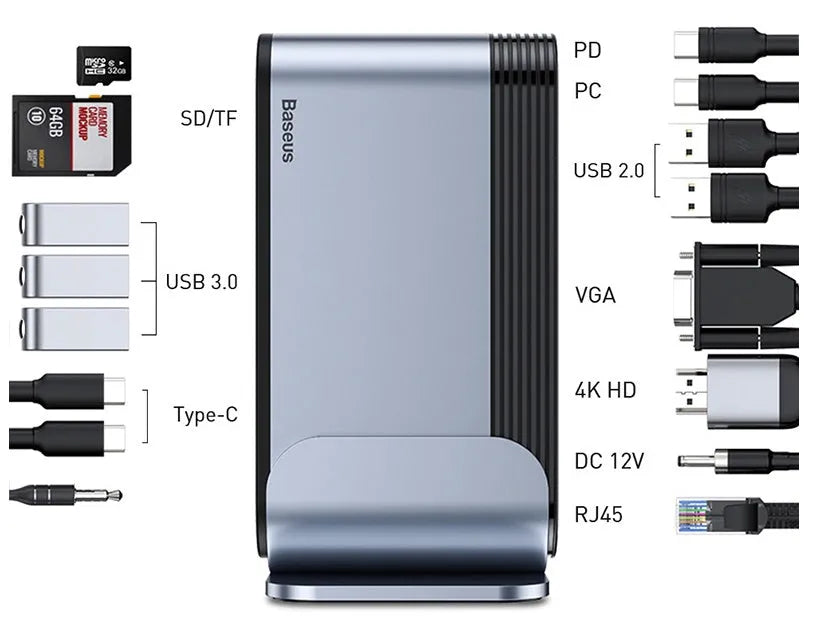 Deep space grey 16-in-1 USB-C docking station hub with multiple ports and external power supply on a desk.