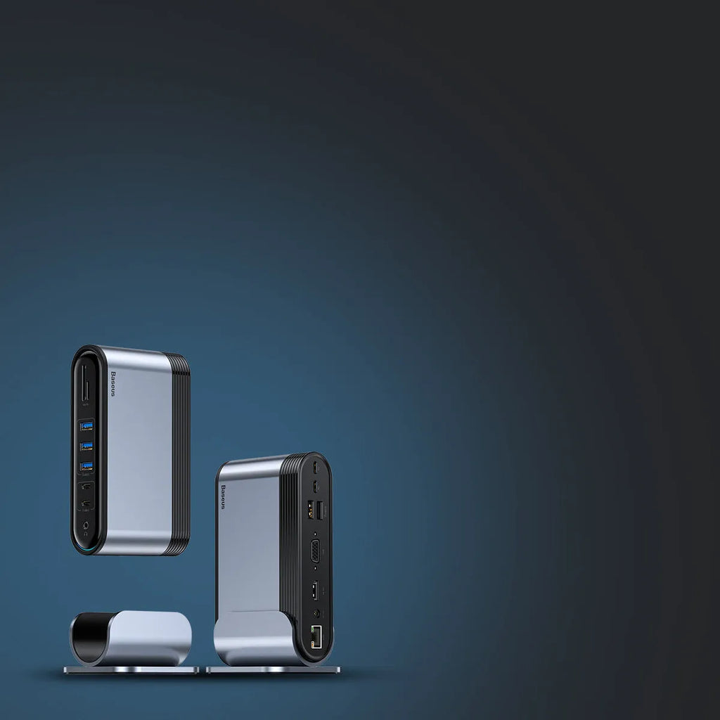 Deep space grey 16-in-1 USB-C docking station hub with multiple ports and external power supply on a desk.